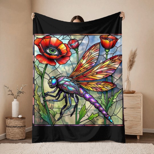 Dragonfly stained glass poppy flower insect eye Throw Blankets