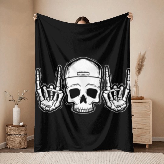 Skull Rock On Skeleton Hands Art Throw Blankets