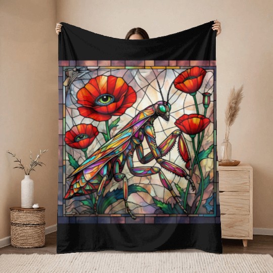 Praying mantis stained glass vibrant poppy flower Throw Blankets