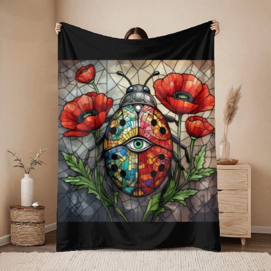 Ladybug stained glass vibrant poppy flower insect Throw Blankets