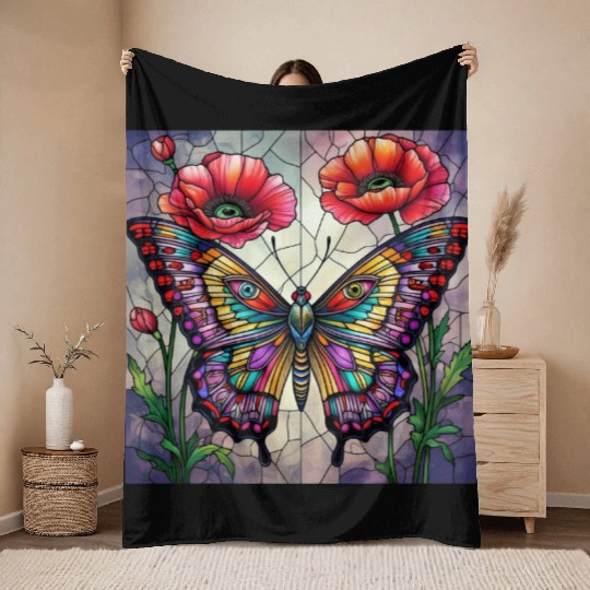 Butterfly stained glass design vibrant poppy Throw Blankets