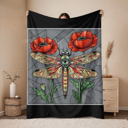 Dragonfly stained glass design vibrant poppy eye Throw Blankets