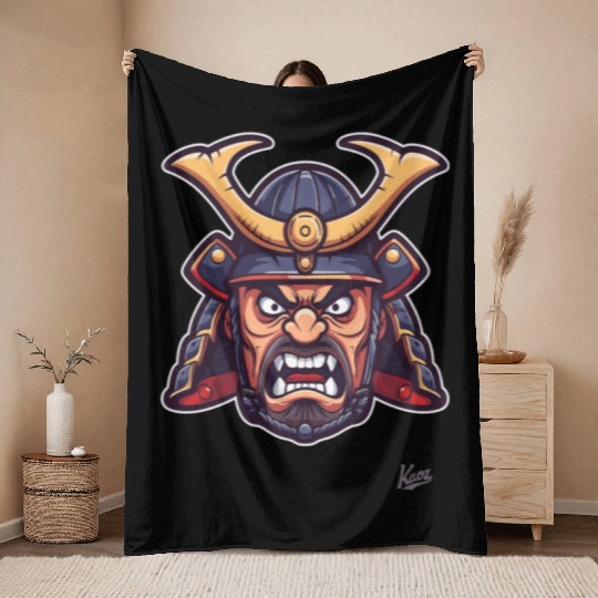 Angry samurai warrior head with helmet Throw Blankets