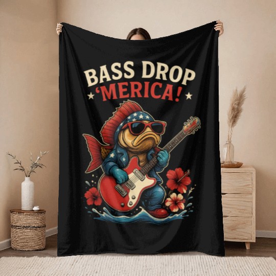 Bass Drop 'Merica! Fishing Throw Blankets