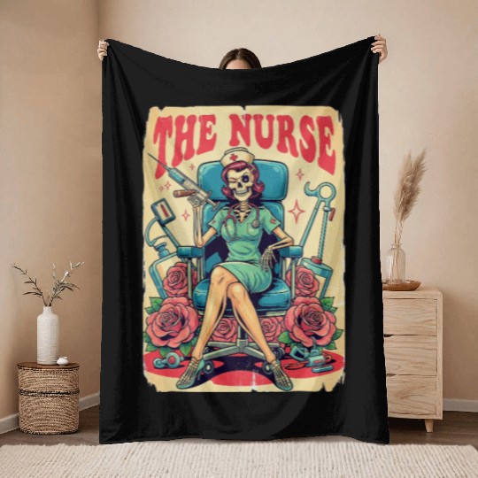 Retro Skeleton Nurse Pinup – Dark Medical Humor Ar Throw Blankets