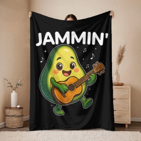 Jammin' Funny Cute Kawaii Avocado Playing Guitar Throw Blankets