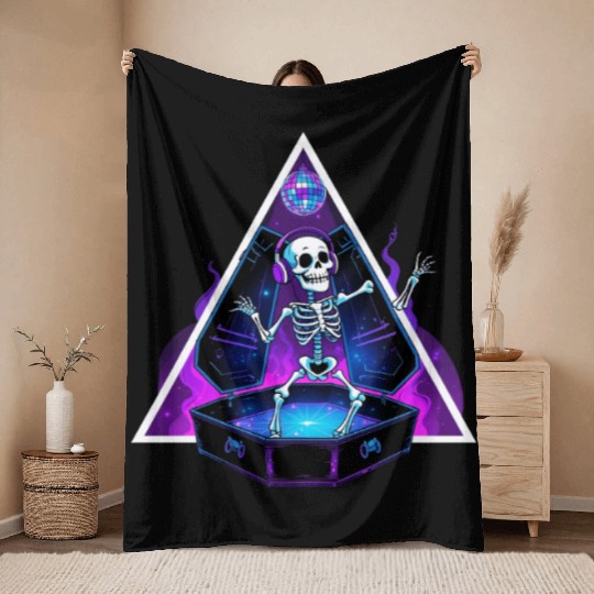 Neon Dancing Skeleton in Coffin Throw Blankets