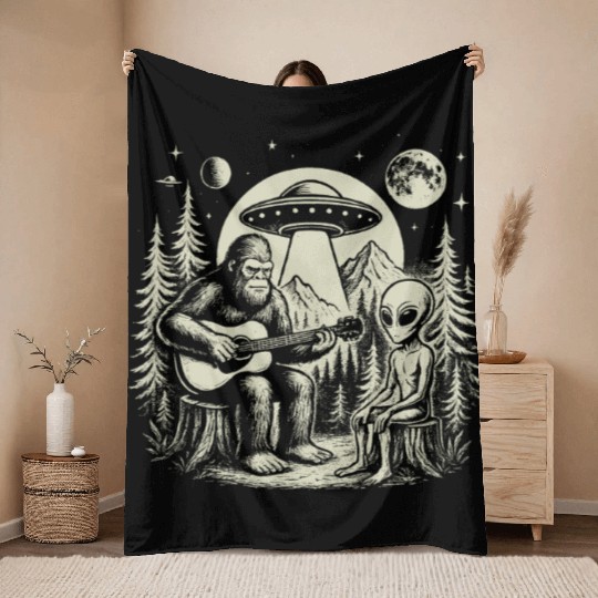 Bigfoot Playing Guitar With Alien And UFO Vintage Throw Blankets