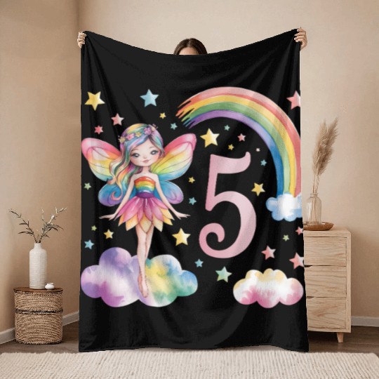 Magical Rainbow Fairy Elf 5th Birthday Girl Throw Blankets