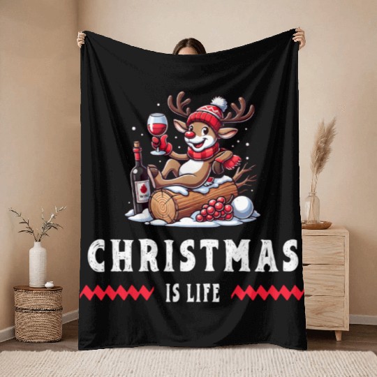 Reindeer With Wine - Christmas Vibes Throw Blankets
