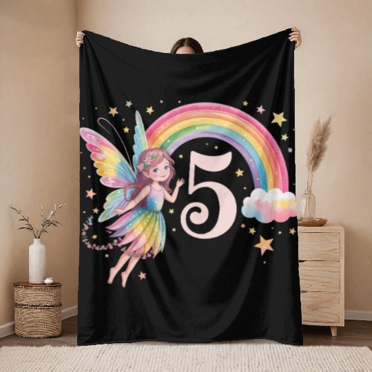 Magical Rainbow Fairy Elf 5th Birthday Girl Throw Blankets