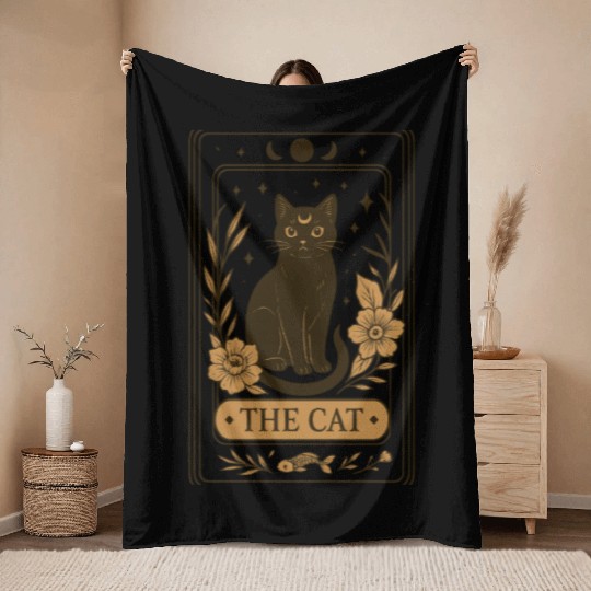 The Cat Tarot Card, Mystical Black Cat, Celestial Throw Blankets