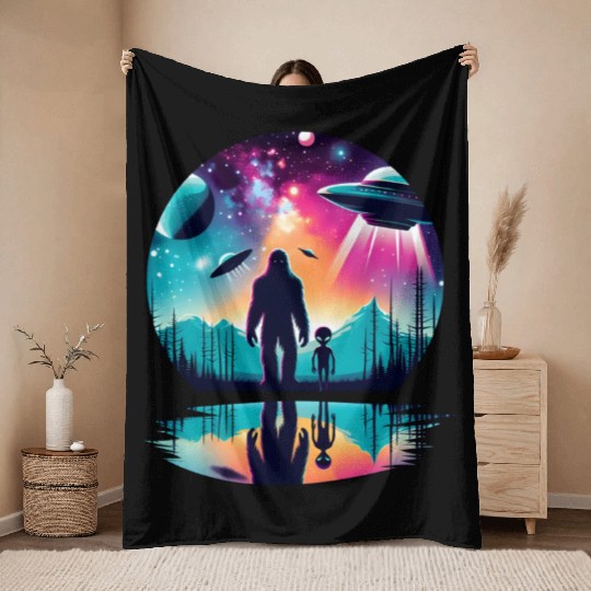 Alien and Bigfoot UFO Throw Blankets