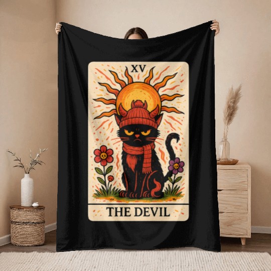 Devil Cat Tarot Card, Grumpy Cat Art, Mystical Throw Blankets