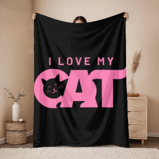 I Love My Cat – Cute Pink Cat Face Graphic Throw Blankets