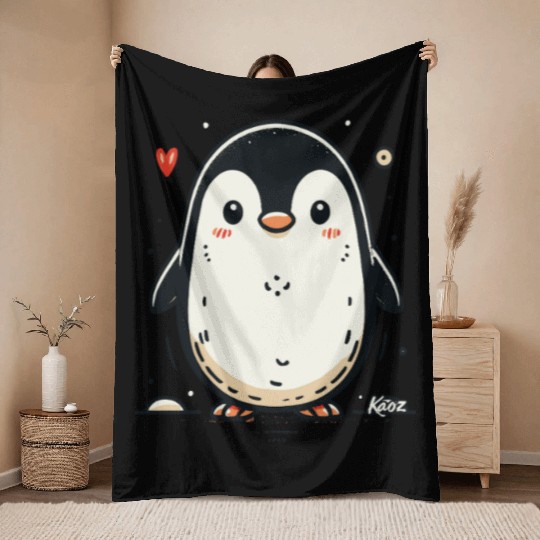 Cute Cartoon Penguin with Blush and Heart Throw Blankets