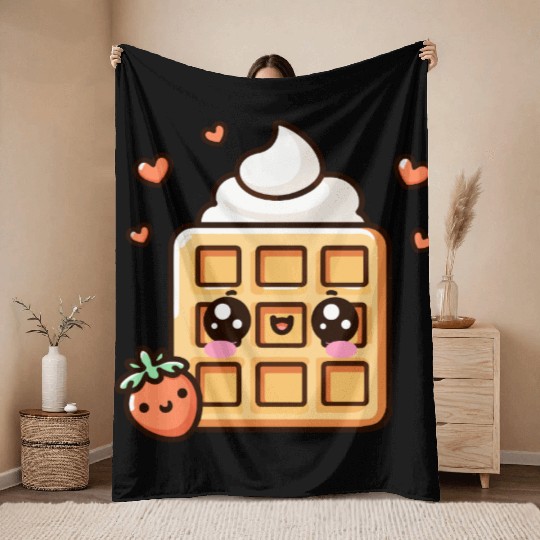 Kawaii Dessert Waffle with Strawberry Throw Blankets