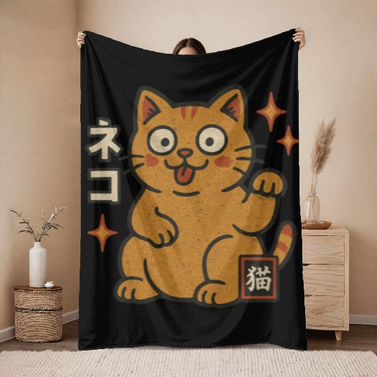 Lucky Cat Japanese Throw Blankets