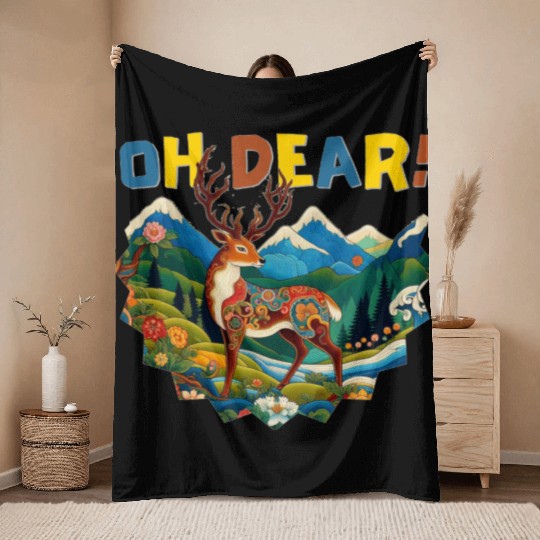 Oh-Dear-Wanderlust-Deer-in-Jungle-Tibetan-Folk-Art Throw Blankets