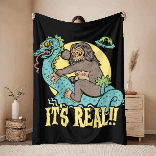 Bigfoot Rides Nessie UFO Cryptid Monster Mayhem Throw Blankets