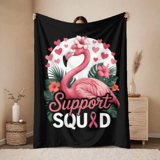 Pink Flamingo Support Squad Design Throw Blankets