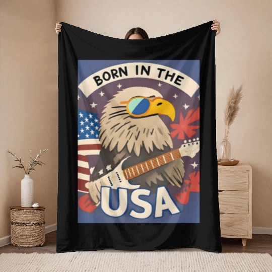 Born in the USA Bald Eagle Rock Guitar Throw Blankets
