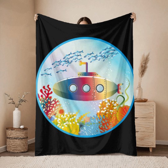 Colorful Submarine in a Tropical Coral Reef Throw Blankets