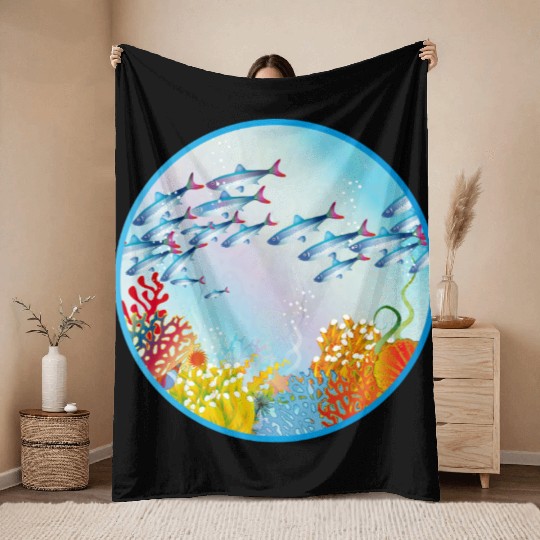 School of colorful fish in a coral reef Throw Blankets