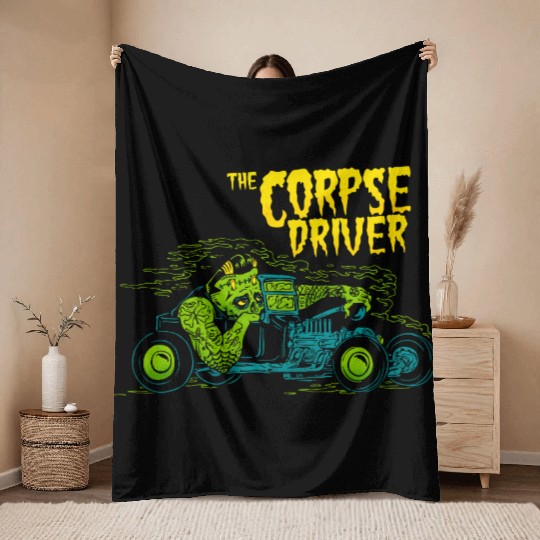 The Corpse Driver – Rat Rod Zombie Racer Throw Blankets