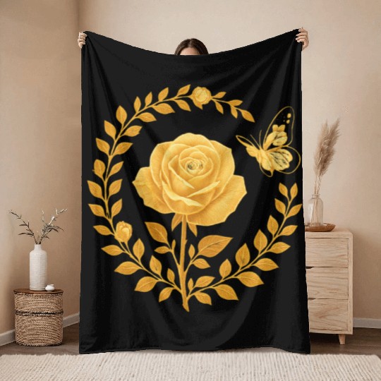 Golden Rose with Butterfly Frame Throw Blankets
