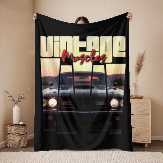 Vintage Muscle Car Sunset Poster Retro American Throw Blankets