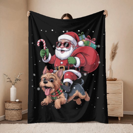 Santa Claus Yorkie Dog Christmas In July Throw Blankets