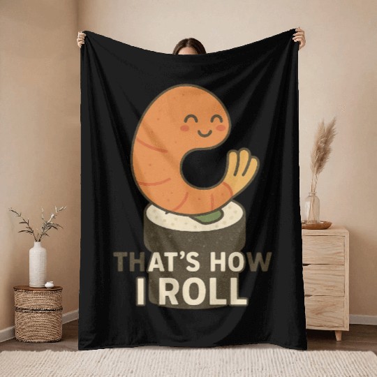 Cute Sushi Shrimp Roll Illustration Throw Blankets