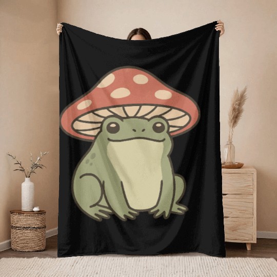 Whimsical Frog with Mushrooms Illustration Throw Blankets
