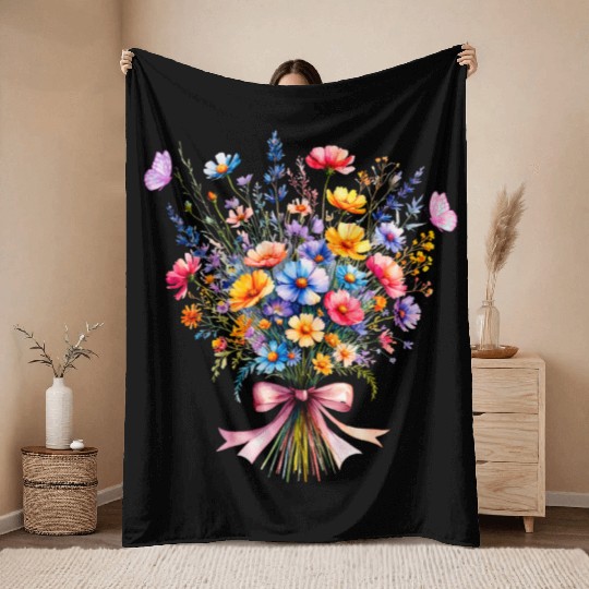 Flower Bouquet and Butterflies Throw Blankets