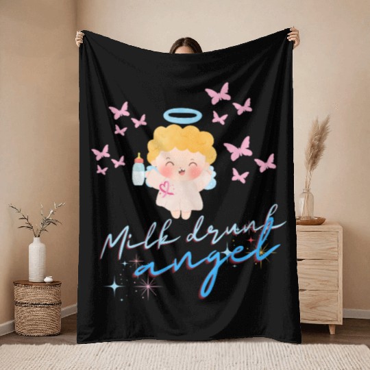 Whimsical Angel with Milk Bottle Design Throw Blankets