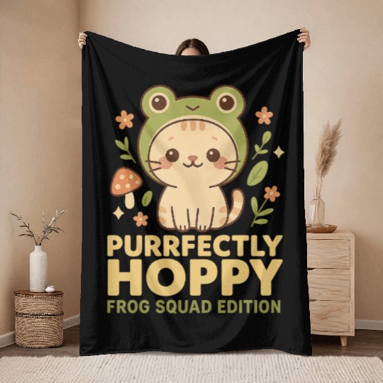 Cute Frog and Cat Purrfectly Hoppy Design Throw Blankets