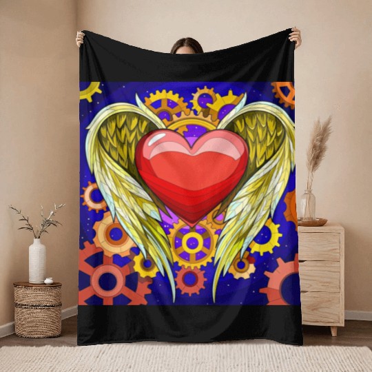 Mechanical Heart with Angel Wings Throw Blankets