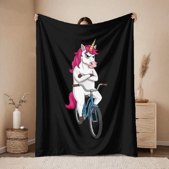 Grumpy Unicorn on Bike – For Cyclists Throw Blankets