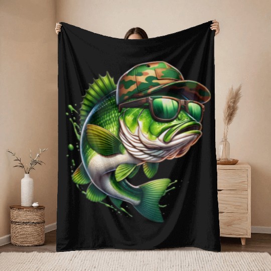 Camo Hat Bass Fish with Green Sunglasses Throw Blankets