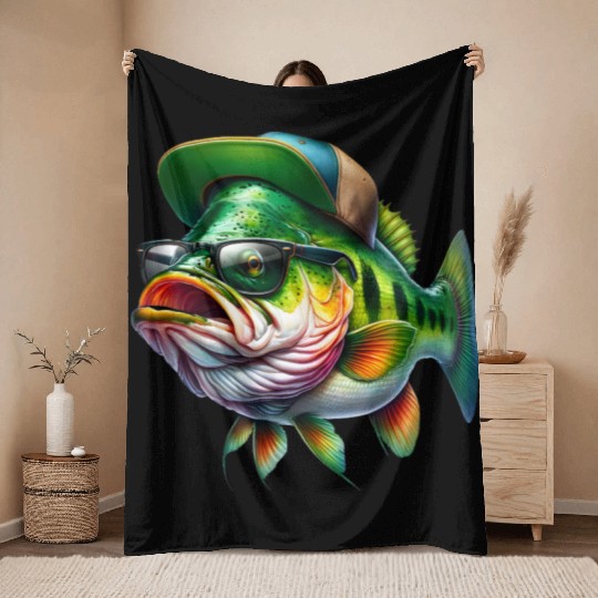 Cool Bass Fish with Green Hat and Glasses Throw Blankets