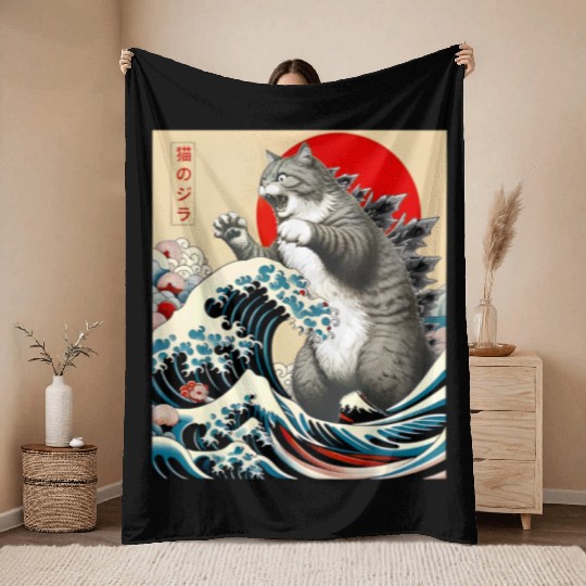 Catzilla Cat Japanese Art Funny Cat Throw Blankets