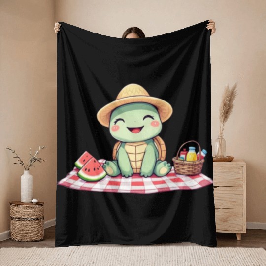 Whimsical Picnic Turtle Illustration Throw Blankets