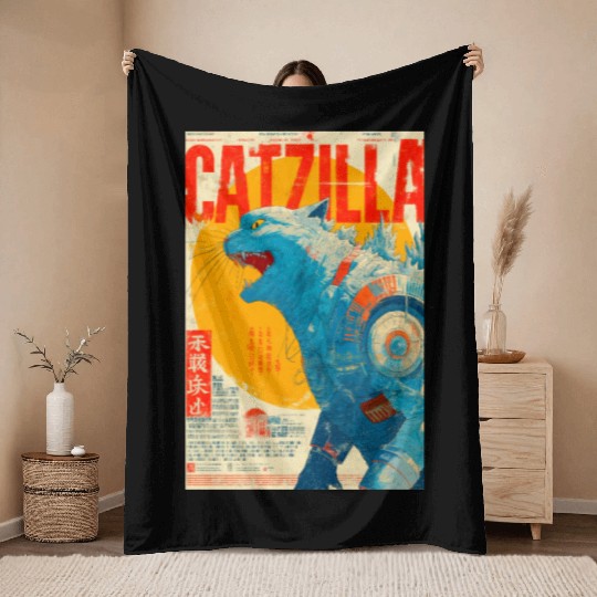 Catzilla Retro Movie Poster Throw Blankets