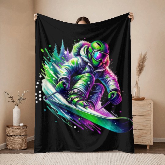Vibrant Neon Skiing Warrior Throw Blankets