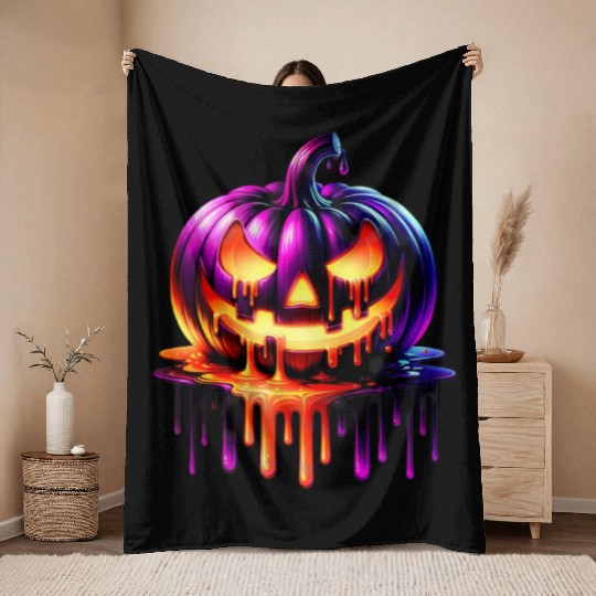 Neon Dripping Pumpkin Halloween Design Throw Blankets