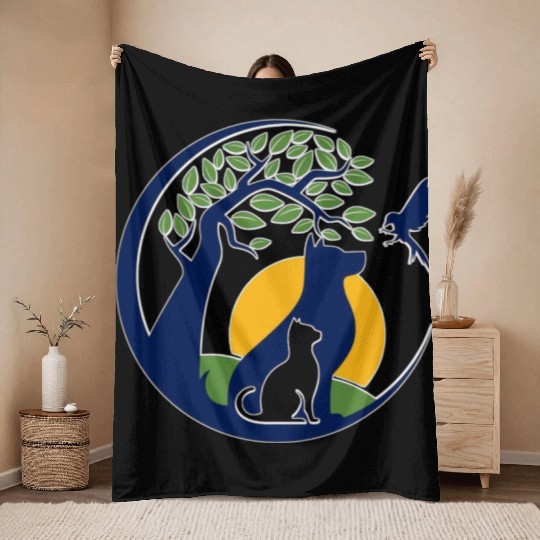 Serene Wilderness Canine and Feline Scene Throw Blankets