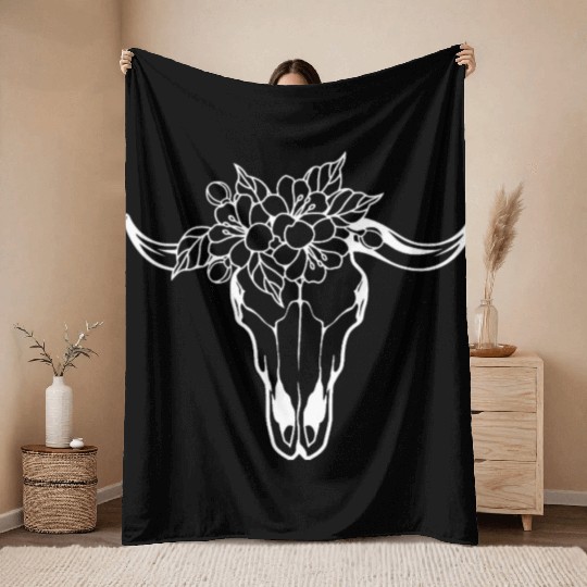 Floral Bull Skull Tattoo Design Throw Blankets