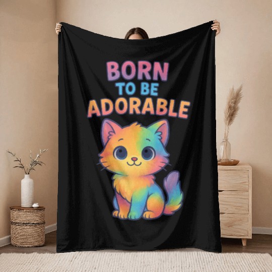 Colorful Adorable Kitten with Affirmation Throw Blankets