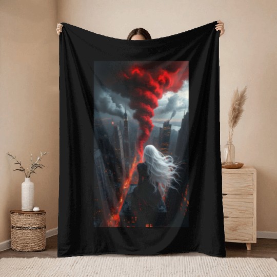 Apocalyptic Angel Over Burning City Throw Blankets